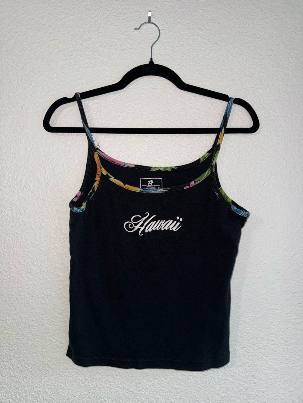 Hawaii Script Black Tank Top with Floral Trim